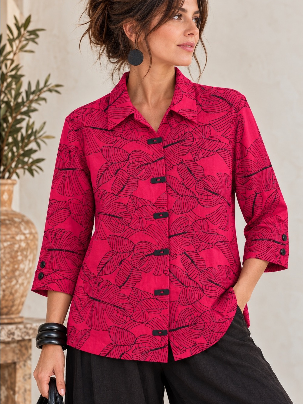 Ali Miles Hot Pink Embroidered Blouse Sz M Toggle Buttons Artsy Lagenlook